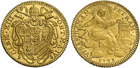 Roma. Clemente XIII (Carlo Rezzonico), 1758-1769. 
Zecchino anno IV/1761, AV 3,41 g. CLEM XIII – PONT M A IV Stemma sormontato da triregno e chiavi d...