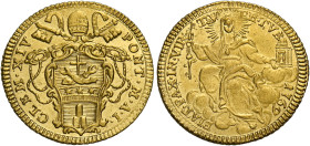 Roma. Clemente XIV (Gian Vincenzo Antonio Ganganelli), 1769-1774. 
Zecchino anno I/1769, AV 3,41 g. CLEM XIV – PONT M A I Stemma sormontato da trireg...