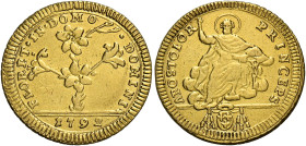 Roma. Pio VI (Giovanni Angelo Braschi), 1775-1799. 
Doppia romana 1792, AV 5,36 g. FLORET IN DOMO – DOMINI Pianta di giglio; all’esergo, 1792. Rv. AP...