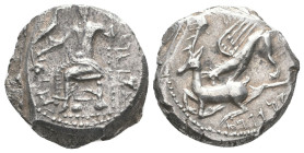 Ariarathes I AR Drachm
Kings of Cappadocia. Ariarathes I (333-322 BC). AR Drachm , Gaziura.
Obv. Baal of Gaziura seated left, torso facing, holding ...