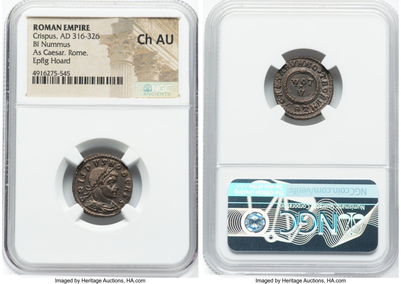 Crispus (AD 316-326). AE3 or BI nummus (20mm, 6h). NGC Choice AU. Rome, 3rd offi...