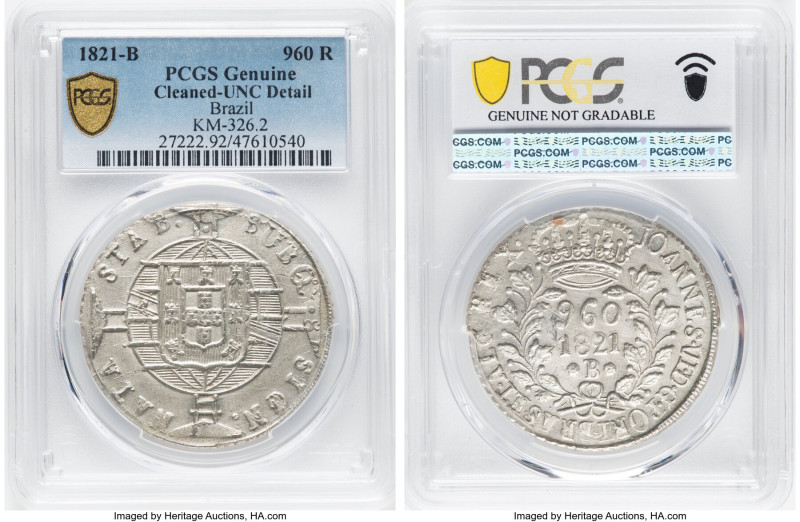 João VI 960 Reis 1821-B UNC Details (Cleaned) PCGS, Bahia mint, KM326.2. Struck ...