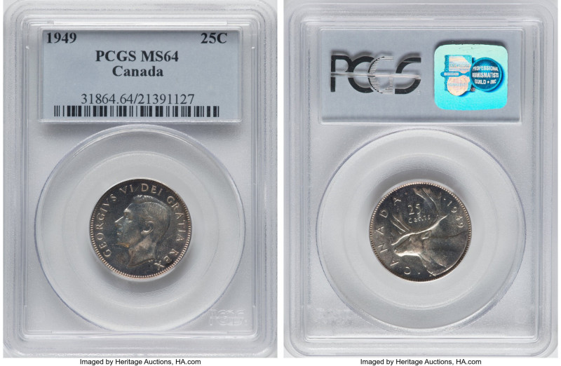 George VI Pair of Certified 25 Cents, 1) 25 Cents 1949 - MS64 PCGS 2) 25 Cents 1...