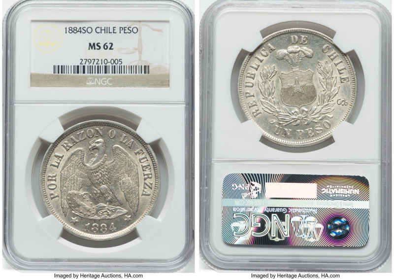 Republic Peso 1884-So MS62 NGC, Santiago mint, KM142.1. HID09801242017 © 2023 He...