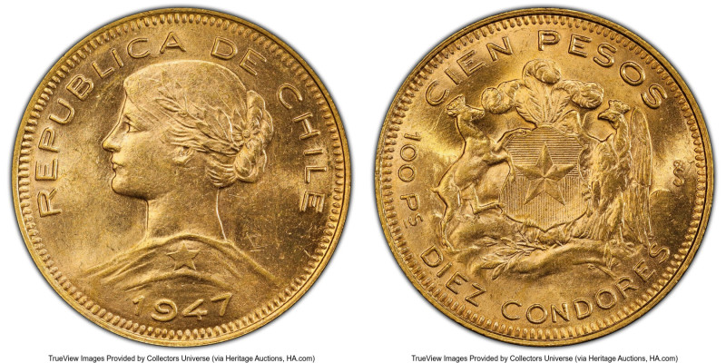 Republic gold 100 Pesos 1947-So MS62 PCGS, Santiago mint, KM175, Fr-54. HID09801...