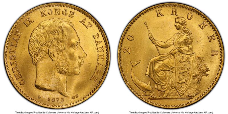 Christian IX gold 20 Kroner 1873 (h)-CS MS65 PCGS, Copenhagen mint, KM791.1, Fr-...