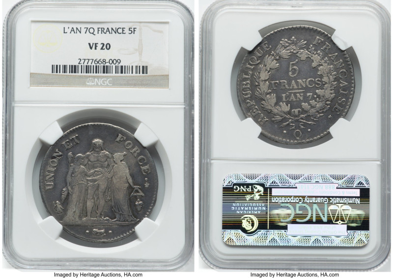 Republic 5 Francs L'An 7 (1798-1799)-Q VF20 NGC, Perpignan mint, KM639.8. HID098...