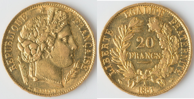 Republic gold 20 Francs 1851-A AU, Paris mint, KM762, F-529, Gad-1059. 21.3mm. 6...