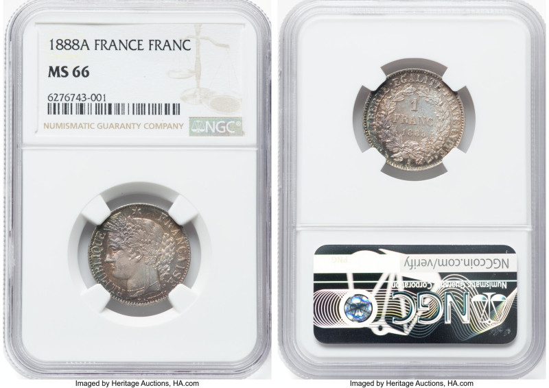 Republic Franc 1888-A MS66 NGC, Paris mint, KM822.1. Lovely multi-colored patina...