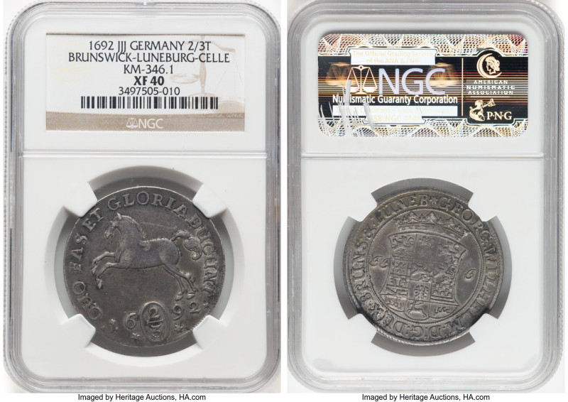 Brunswick-Luneburg-Celle. Georg Wilhelm 2/3 Taler 1692-JJJ XF40 NGC, Celle mint,...