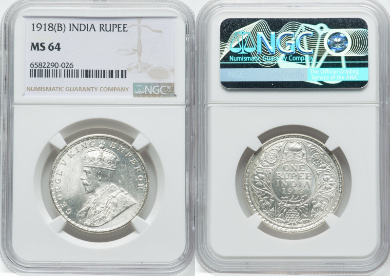 British India. George V 4-Piece Lot of Certified Rupees NGC, 1) Rupee 1918-(b) M...