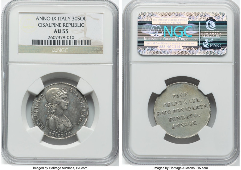 Cisalpine Republic. Revolutionary State 30 Soldi Anno IX (1801) AU55 NGC, Milan ...