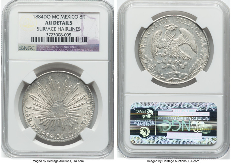 Republic 8 Reales 1884 Do-MC AU Details (Surface Hairlines) NGC, Durango mint, K...