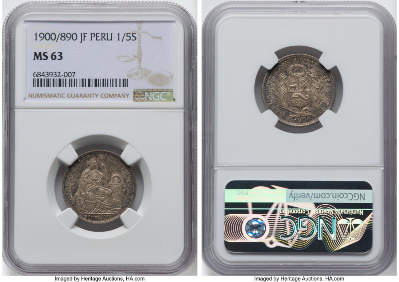 Republic 1/5 Sol 1900/890-JF MS63 NGC, Lima mint, KM205.2. HID09801242017 © 2023...