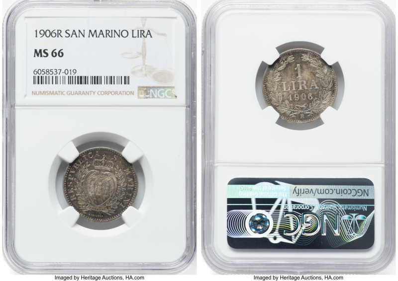 Republic Lira 1906-R MS66 NGC, Rome mint, KM4. One year type. Pearlescent steel,...