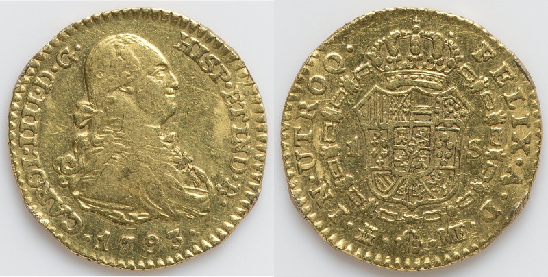 Charles IV gold Escudo 1793 M-MF VF, Madrid mint, KM434, Fr-298. 17.8mm. 3.35gm....