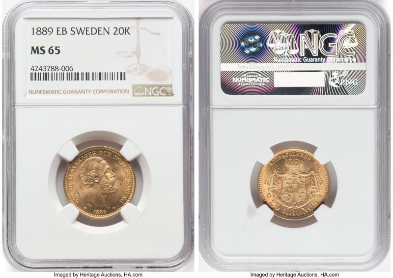 Oscar II gold 20 Kronor 1889-EB MS65 NGC, Stockholm mint, KM748, Fr-93. HID09801...