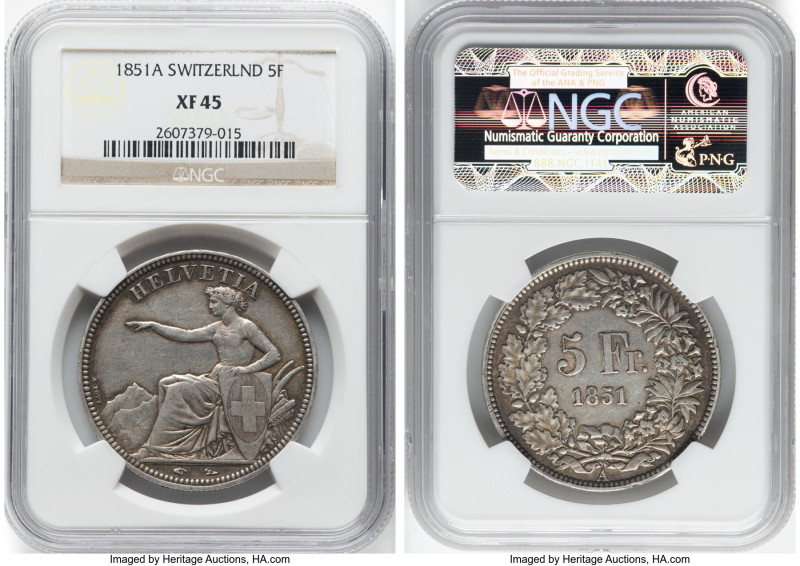 Confederation 5 Francs 1851-A XF45 NGC, Paris mint, KM11, Dav-376. HID0980124201...