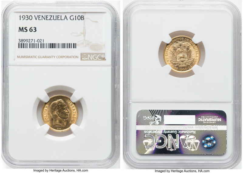 Republic gold 10 Bolivares 1930-(p) MS63 NGC, Philadelphia mint, KM-Y31, Fr-6. H...