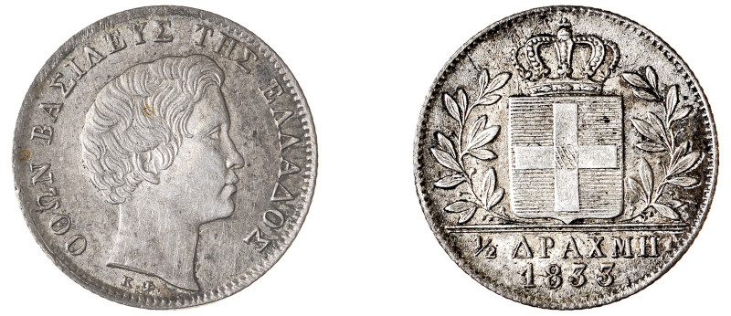 Greece. King Otto, 1832-1862. 1/2 Drachma, 1833, First Type, Munich mint, 2.19g ...