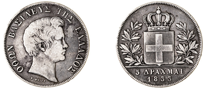 Greece. King Otto, 1832-1862. 5 Drachmai, 1833, First Type, Munich mint, 22.00g ...