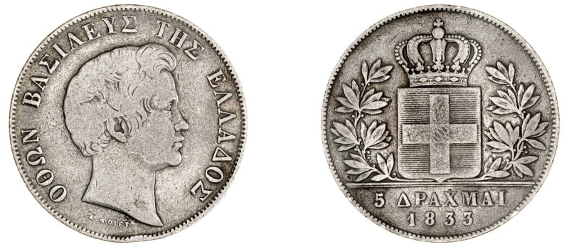 Greece. King Otto, 1832-1862. 5 Drachmai, 1833, First Type, Munich mint, 21.97g ...