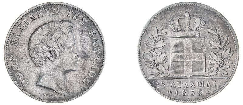 Greece. King Otto, 1832-1862. 5 Drachmai, 1833 A, First Type, Paris mint, 22.00g...