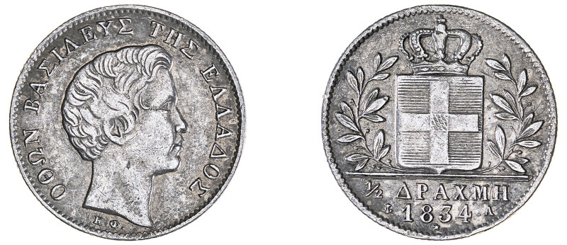Greece. King Otto, 1832-1862. 1/2 Drachma, 1834 A, First Type, Paris mint, 2.22g...