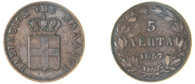 Greece. King Otto, 1832-1862. 5 Lepta, 1857, Fourth Type, Athens mint, 6.15g (KM32; Divo 24b).

Extremely fine.