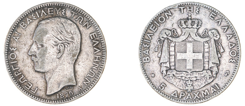 Greece. King George I, 1863-1913. 5 Drachmai, 1875 A, First Type, Paris mint, va...