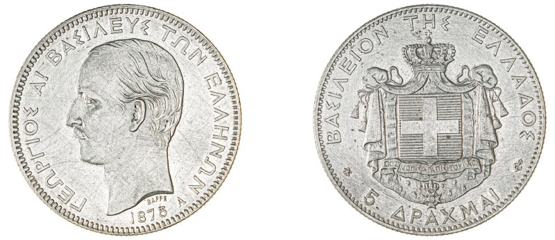 Greece. King George I, 1863-1913. 5 Drachmai, 1875 A, First Type, Paris mint, 25...