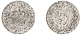Greece. King George I, 1863-1913. 5 Lepta, 1894 A, Third Type, Paris mint, 2.00g (KM58; Divo 65a; IV22).

Extremely fine.