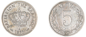 Greece. King George I, 1863-1913. 5 Lepta, 1895 A, Third Type, Paris mint, 2.00g (KM58; Divo 65b; IV22).

Extremely fine.