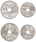 Greece. King George I, 1863-1913. Lot of 2 coins comprising 5 Lepta, 1912, Fourth Type, Paris mint, 3.00g (KM62; Divo 66; IV26) and 20 Lepta, 1912, Th...