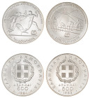 Greece. Third Republic, 1974-. Lot of 2 silver coins comprising 500 Drachmai, 1981, Athens mint, 28.88g (KM127) and 500 Drachmai, 1982, Pan-European G...