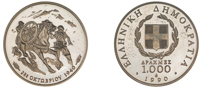 Greece. Third Republic, 1974-. AR Proof 1000 Drachmai, 1990, Athens mint, 18.00g...