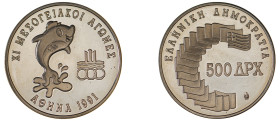 Greece. Third Republic, 1974-. AR Proof 500 Drachmai, 1991, XI Mediterranean Games, Athens mint, 18.00g (KM157).

Uncirculated Proof.