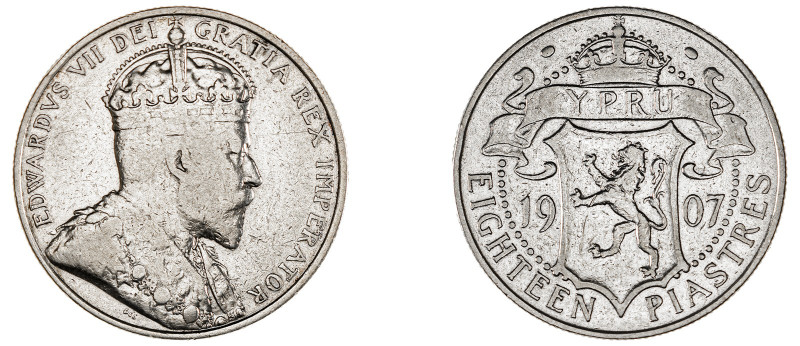 Cyprus. Edward VII, 1901-1910. 18 Piastres, 1907, Royal mint, 11.10g (KM10; Fiti...