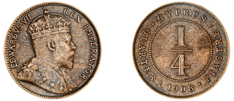 Cyprus. Edward VII, 1901-1910. 1/4 Piastre, 1908, Royal mint, 2.86g (KM8; Fitiki...