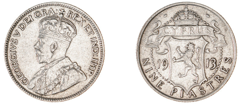 Cyprus. George V, 1910-1936. 9 Piastres, 1913, Royal mint, 5.63g (KM13; Fitikide...