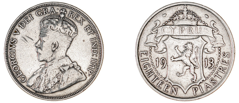 Cyprus. George V, 1910-1936. 18 Piastres, 1913, Royal mint, 11.19g (KM14; Fitiki...