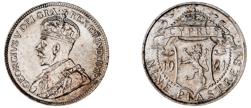 Cyprus. George V, 1910-1936. 9 Piastres, 1921, Royal mint, 5.64g (KM13; Fitikide...