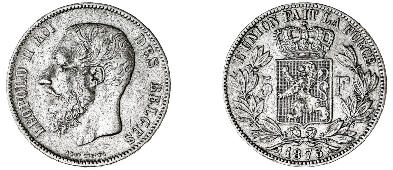 Belgium. Leopold II, 1865-1909. 5 Francs, 1873, Brussels mint, Position A variet...