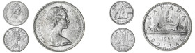 Canada. Elizabeth II, 1952-2022. Lot of 3 coins comprised of 10 Cents, 1961, Ottawa mint, 2.35g (KM51), Dollar, 1965, Ottawa mint, 23.27g (KM64.1) and...