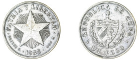 Cuba. First Republic, 1902-1906 and 1909-1959. Peso, 1933, Philadelphia mint, low relief star, 26.68g (KM15.2).�

Very fine.