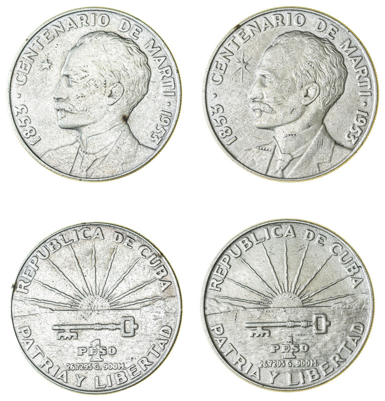 Cuba. First Republic, 1902-1906 and 1909-1959. Lot of 2 coins comprised of Peso,...