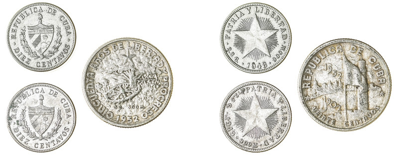 Cuba. First Republic, 1902-1906 and 1909-1959. Lot of 3 coins comprised of 10 Ce...