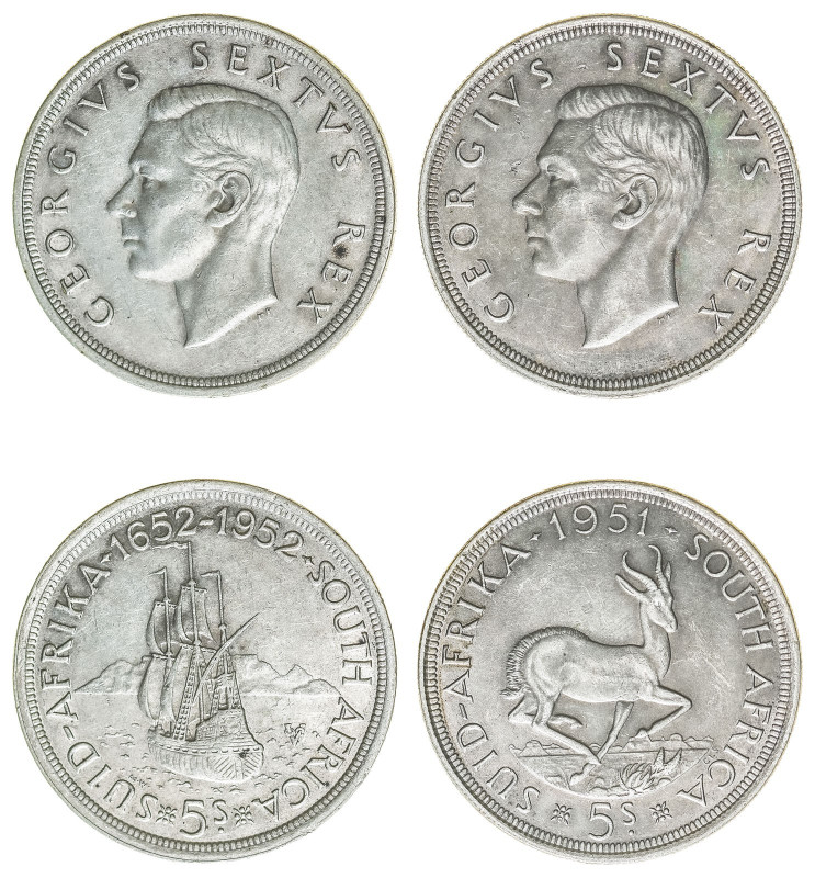 South Africa. George VI, 1936-1952. Lot of 2 coins comprised of 5 Shillings, 195...