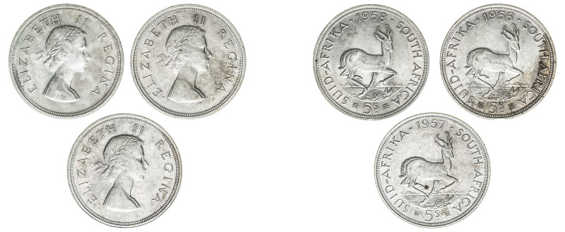 South Africa. Elizabeth II, 1952-1961. Lot of 3 coins comprised of 5 Shillings, ...