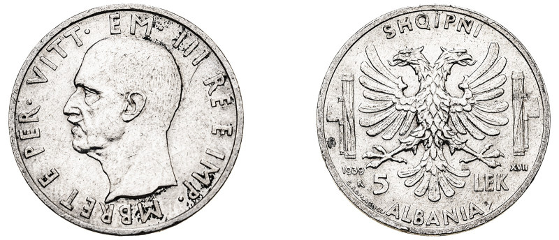 Albania. Italian Occupation, 1939-1943. 5 Lek, 1939 R, Rome mint, 5.00g (KM33).
...